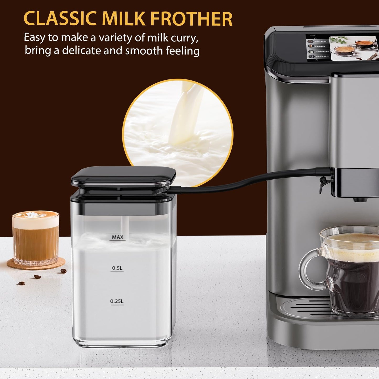 Garvee Fully Automatic Espresso Machine with Built-In Grinder and Milk Frother, 4-Beverage Cappuccino and Latte Maker with Intuitive Touch Display, Gunmetal Finish