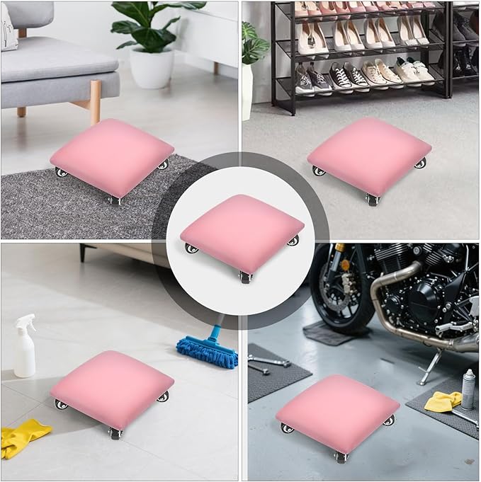 FLOLXNB Low Height Rolling Stool Low Roller Seat PU Leather Square Roller Seat Stool Low Rolling Chair for Home Office Fitness Garage (Pink)
