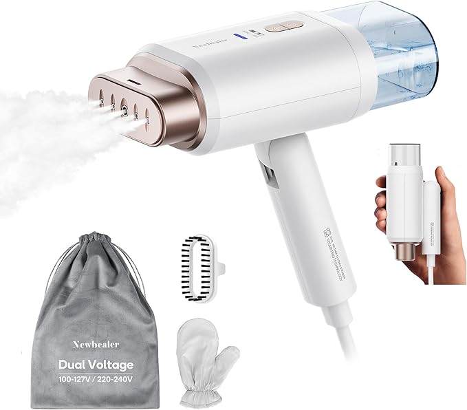Newbealer Dual Voltage Garment Steamer - 120V/220V, 1200W Powerful Steamer for Clothes, Home & Travel Use, Horizontal & Vertical Steaming, 20s Heat-up, Foldable, 1.72lbs, 180ml (Gold)
