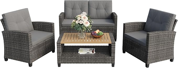 Wisteria Lane 4 Piece Patio Furniture Set, Wicker Outdoor Patio Conversation Furniture Set, All Weather Outdoor Patio Sofa with Cushion and Wood Table, Gray Wood
