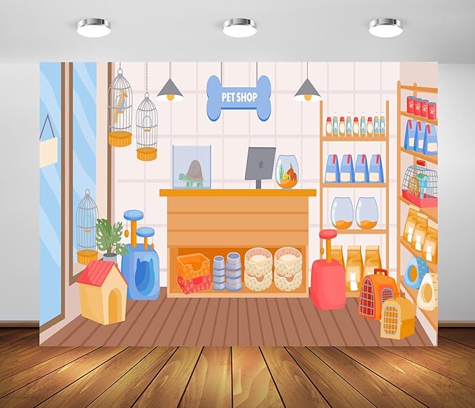 BELECO 5x3ft Fabric Cartoon Pet Shop Backdrop Pet Store with Doghouse Birds Cage Fish Tank Animals Food Photography Backgr...