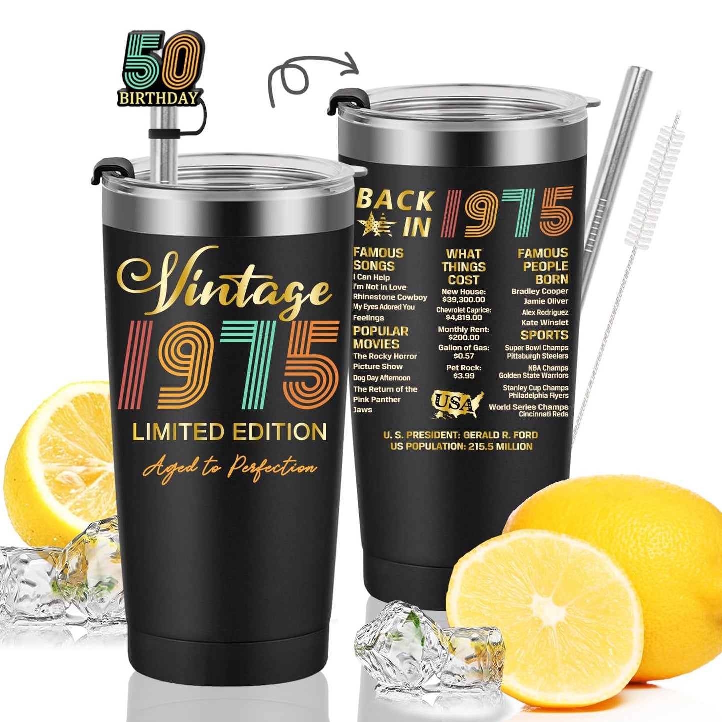1975 50th Birthday Gift for Women and Men - 50th Gifts for Parents - 50th Class Reunion - Mom Dad Wife Husband Grandpa Grandma Present - 20oz Tumbler Cup Black