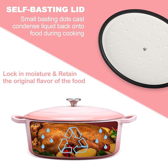 E-far 7QT Oval Dutch Oven Pot with Lid, Enameled Cast Iron Dutch Oven with Dual Handles, Heavy-Duty Cookware for Sourdough Bread Baking, Braising, Stews, Oven Safe & Easy Clean, Pink