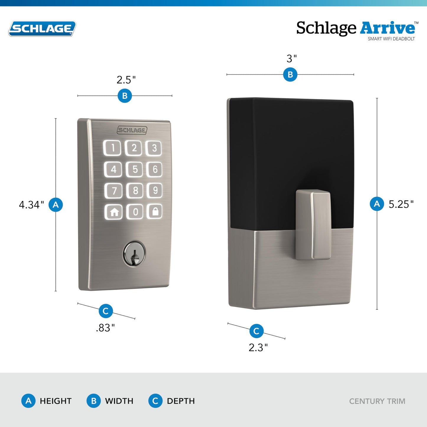 Schlage Arrive Smart Wi‑Fi Deadbolt Lock with Keypad, Keyless Entry Front Door Lock, App Control, Alexa and Google Home Compatible, Satin Nickel, BE459WB CEN 619