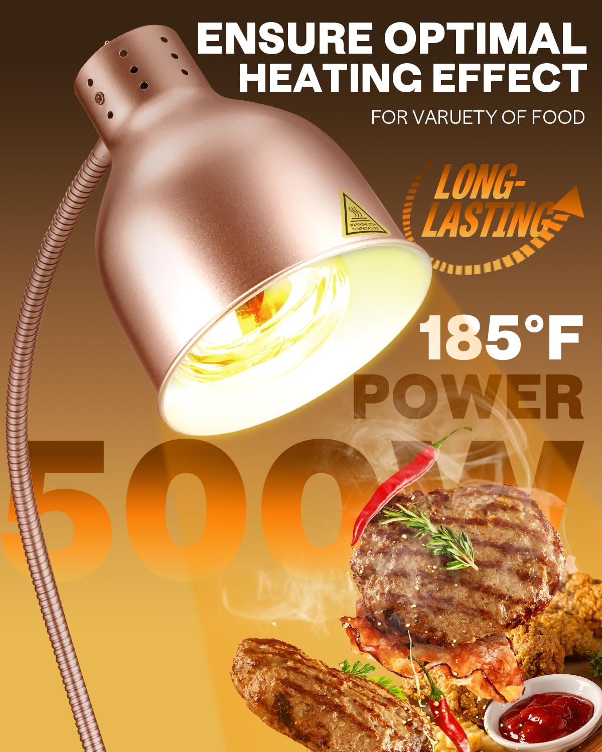 RVGMBO Food Heat Lamp - [3 Bulbs Included] [Rapid-Heating], 500W Commercial Food Warmer Light, Heat Lamp for Food, Catering Warming Lamp for Buffet Parties, Painted Copper,N2