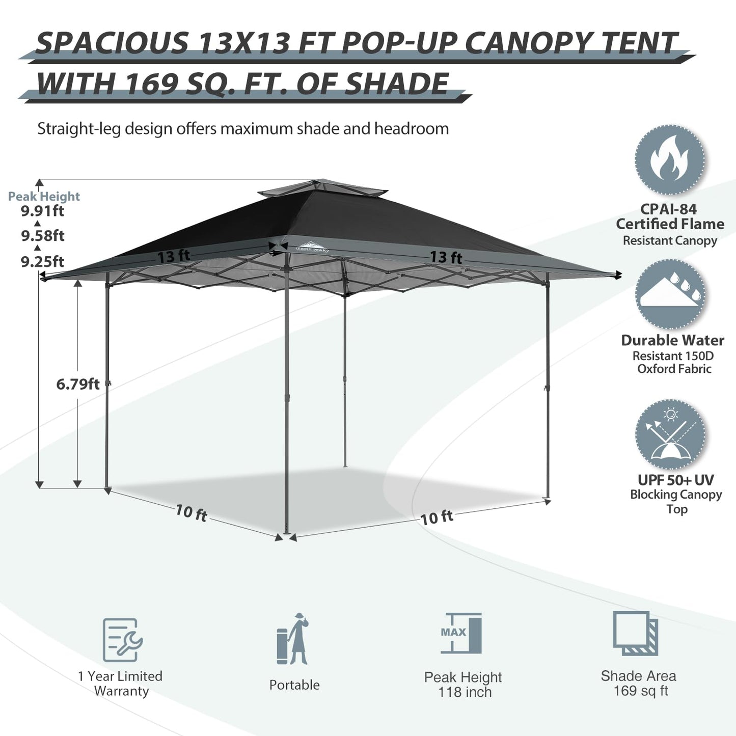 EAGLE PEAK 13x13 Straight Leg Pop Up Canopy Tent Instant Outdoor Canopy Easy Single Person Set up Folding Shelter w/Auto Extending Eaves 169 Square Feet of Shade (Black/Gray)
