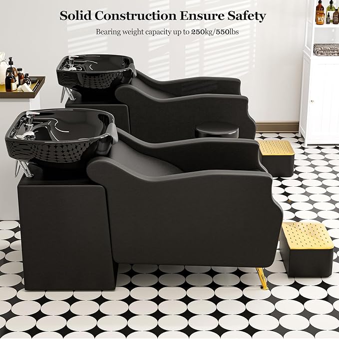 Paddie Shampoo Chair and Bowl for Salon, Backwash Shampoo Station Sink with Ceramic Bowl and Foot Stool, Barbershop Spa Equipment