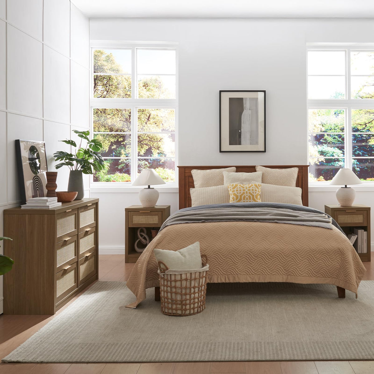 OAKHAM HOME Bedroom Dresser and Nightstand 3 Piece Set, Rattan 1 X 6 Drawer Dresser Boho Chest of Drawers, Night Stand Set of 2 with Type-C Charging Station