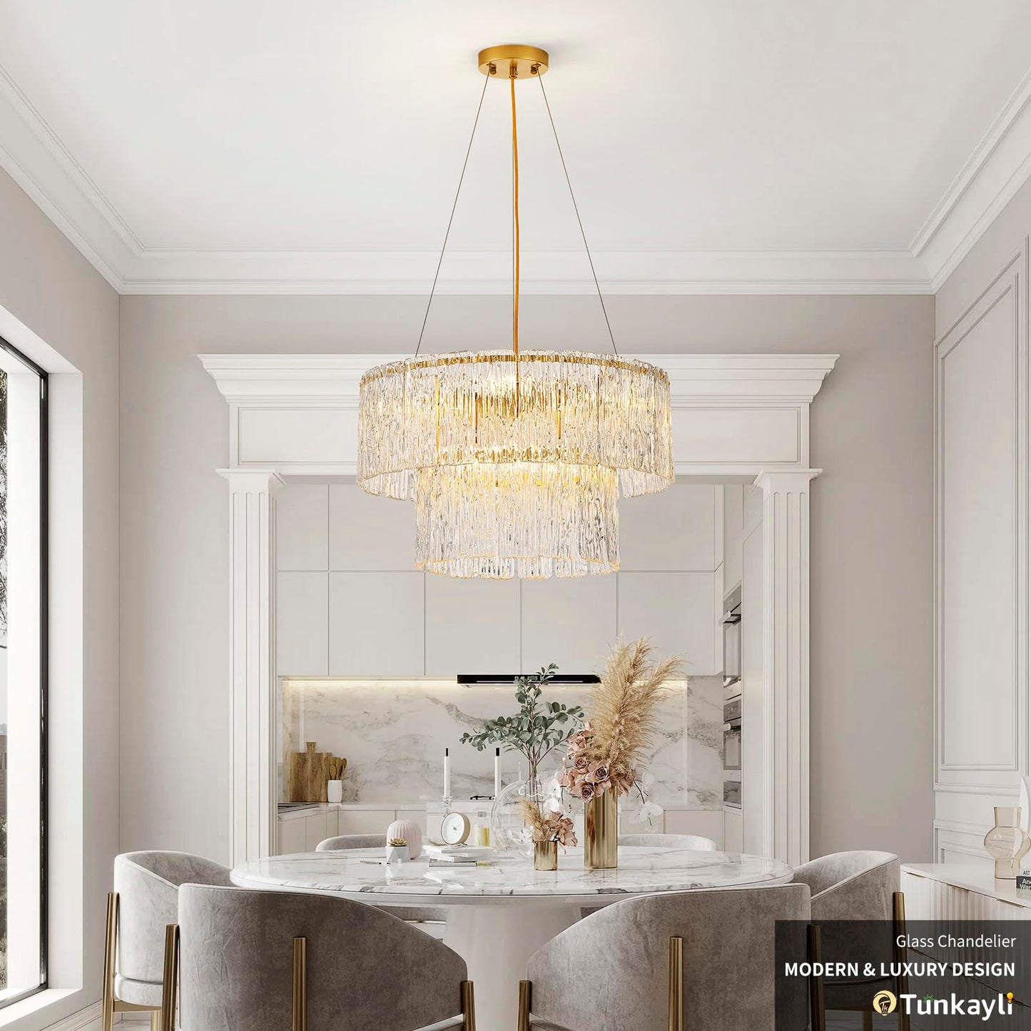 Tunkayli 20" Crystal Chandelier Modern Gold Glass Chandeliers 2-Tier Round Elegant Luxury Lighting 6-Light Drum Crystal Chandelier for Dining Room Kitchen Restaurant Foyer Bedroom Living Room