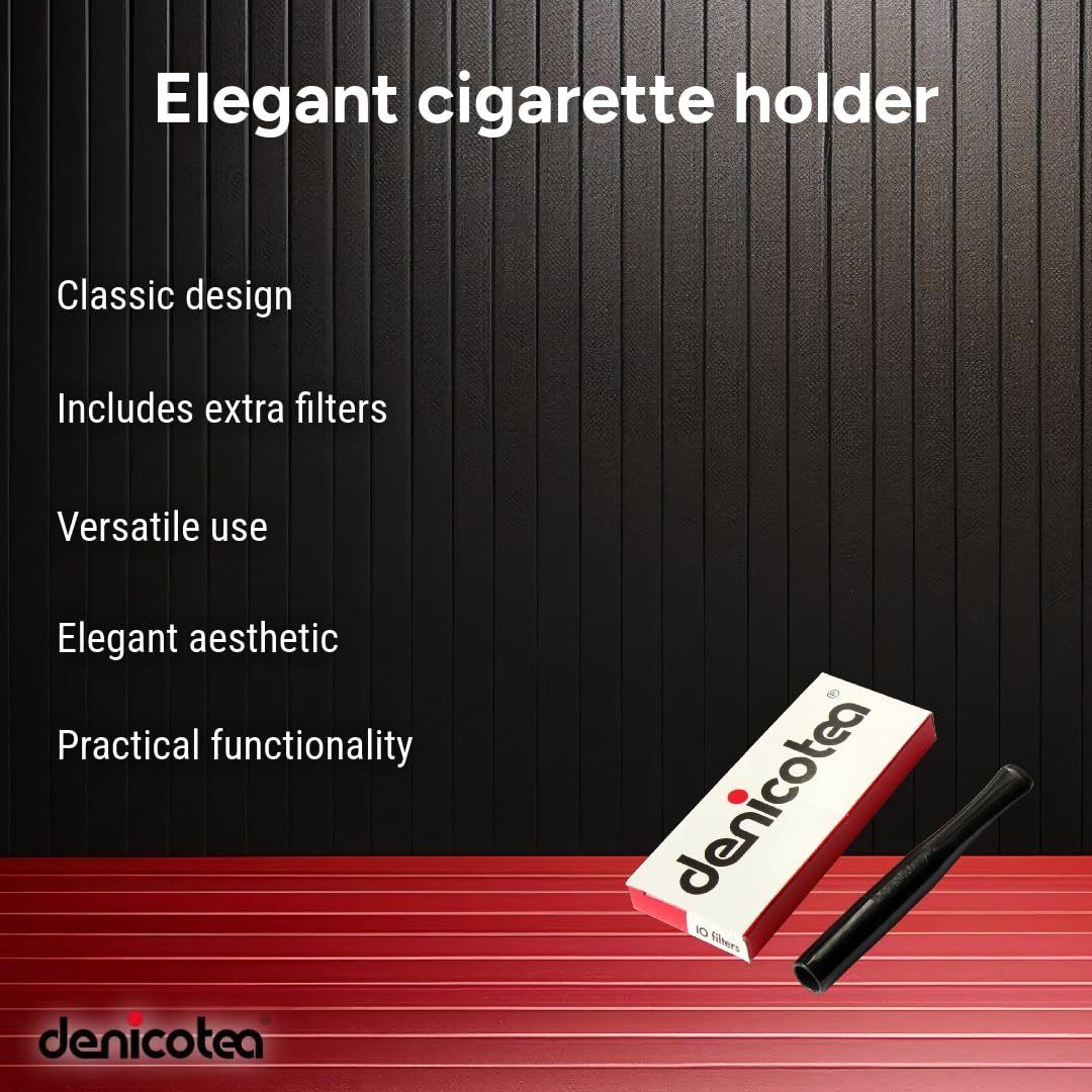 Denicotea Black Cigarette Holder with 10 Extra Filters - Standard 90mm Length