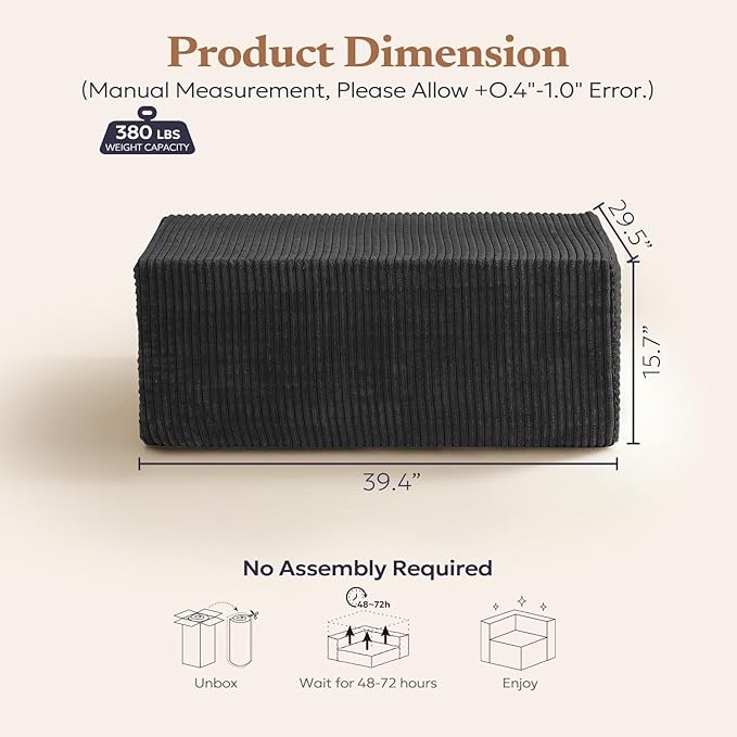 Furnify 40" Memory Foam Couch Footrest, Cloud Modular Sofa with Removable Cover, Upholstered Sofa Ottoman, Upholstered Sofa for Bedroom Living Room, No Assembly Required (Plush Corduroy Fabric, Black)