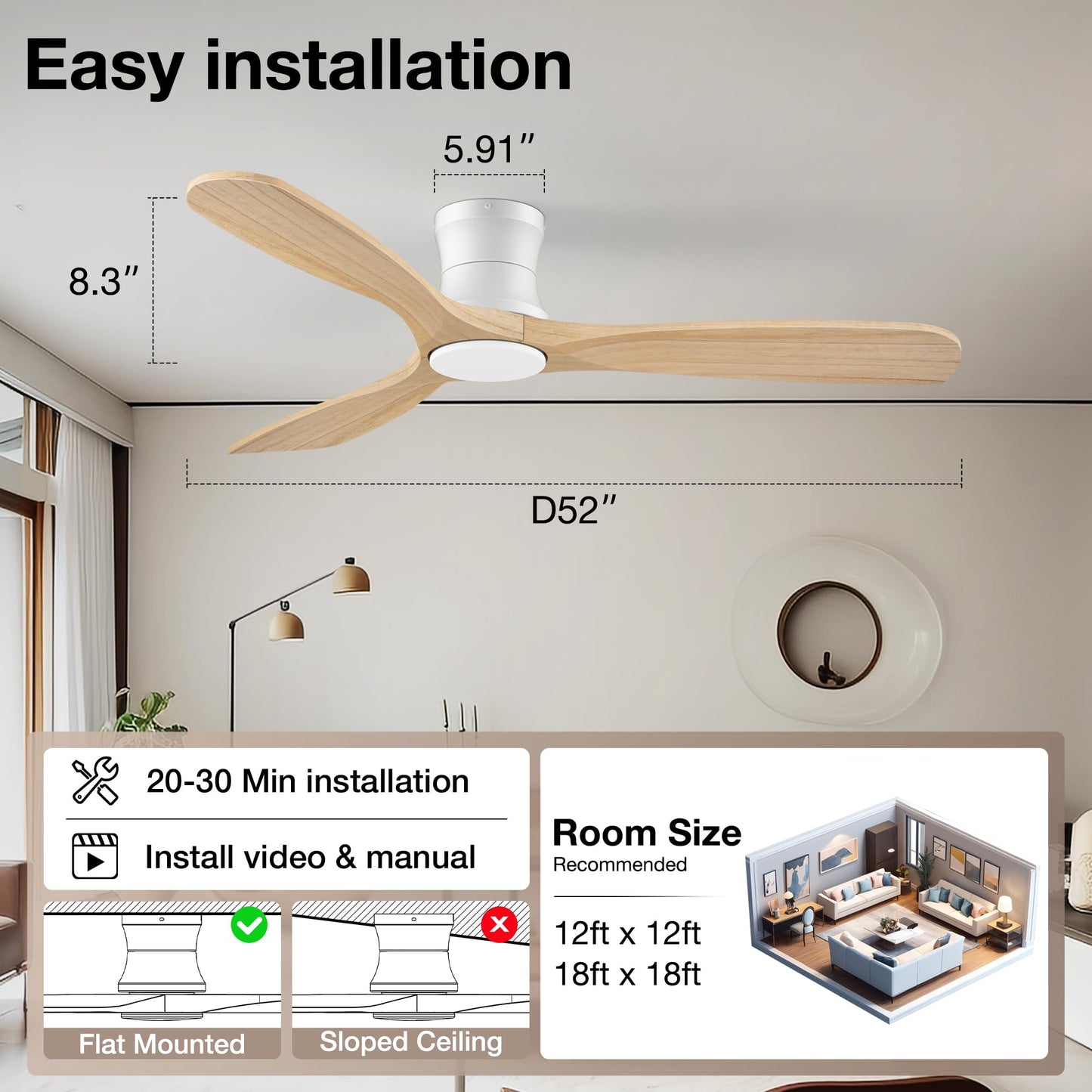 52” Wood Ceiling Fans with Lights Remote,Low Profile Flush Mount Ceiling Fan with Light,Outdoor Indoor Modern Ceiling fans for Bedroom Living room Patio,Light Wood&White,3 Blades,Dimmable LED,Quiet