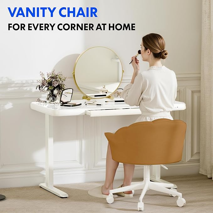FLEXISPOT Makeup Vanity Chair with Back Velvet Armless Home Office Desk Chairs with Wheels, Cute Flower Modern Accent Chair for Girls Women Living Room Bedroom Vanity Study Small Space, Brwon