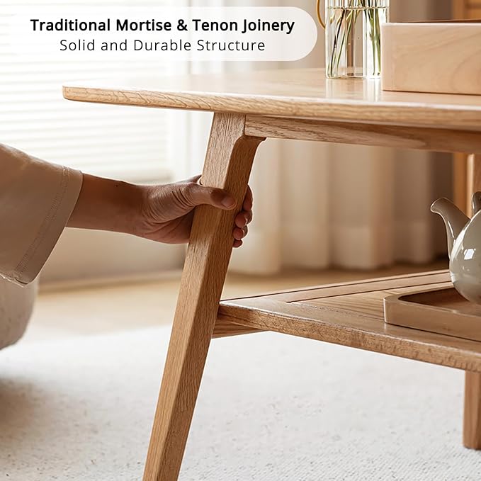 Hymus Wood Coffee Table - 100% Solid Wood- 2-Tier Coffee Table with Storage for Living Room, Eco-Friendly Finish, Easy Assembly (Natural, 31.49" D x 19.68" W x 17.32" H)