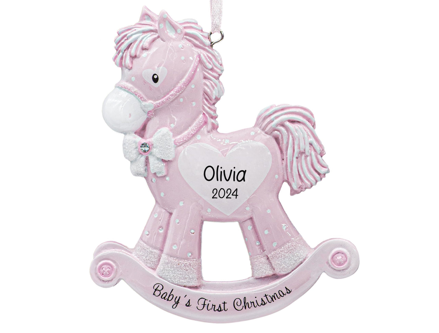 UniqXmas Personalized Baby's First Christmas Ornament 2025 | Custom Pink Baby Girl Rocking Horse Xmas Tree Decoration – My 1st Year Ornament for Newborn New Grandbaby