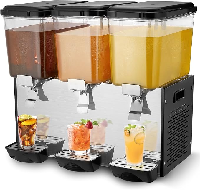 VEVOR Commercial Beverage Dispenser, 3 Tanks 18 L / 19 QT Per Tank Juice Dispenser, 512W Stainless Steel Ice Tea Drink Mac...