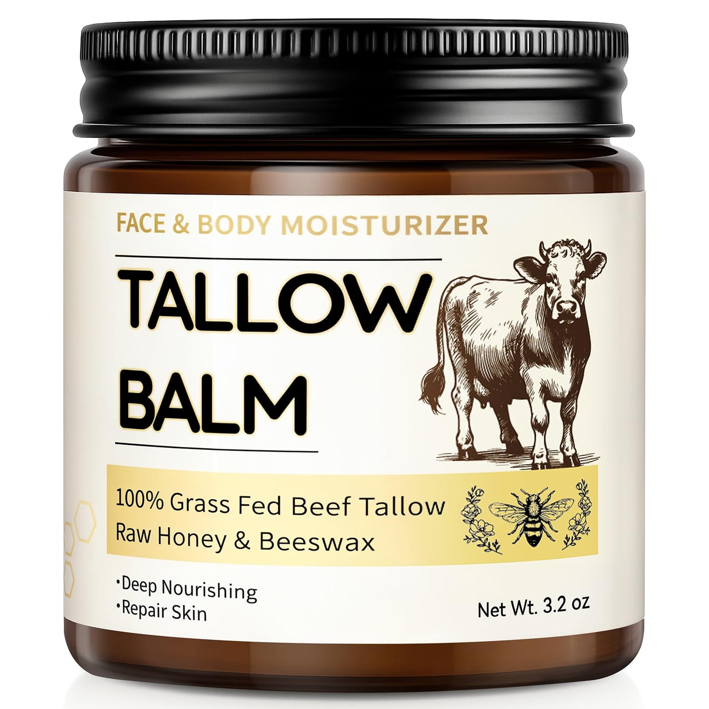 Beef Tallow for Skin, Organic Tallow and Honey Balm for Face, Natural Face Moisturizer, Grass Fed Beef Tallow Skin Care Cream Bo