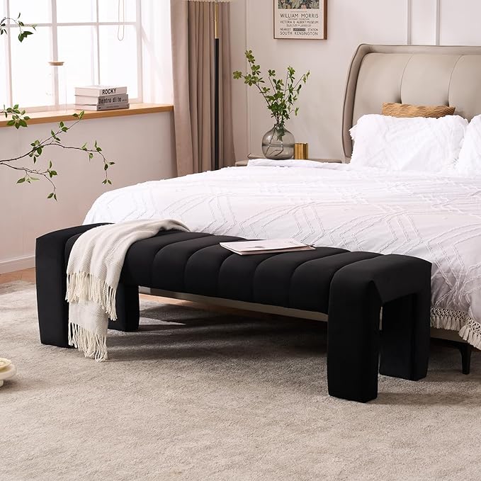 AIITTCC Velvet End of Bed Bench Upholstered Modern 59" Bedroom Bench for King Bed Bench Tufted Window Bench Comfy Long Ottoman for Living Room/Entry/Indoor(Black, 59" Wide)