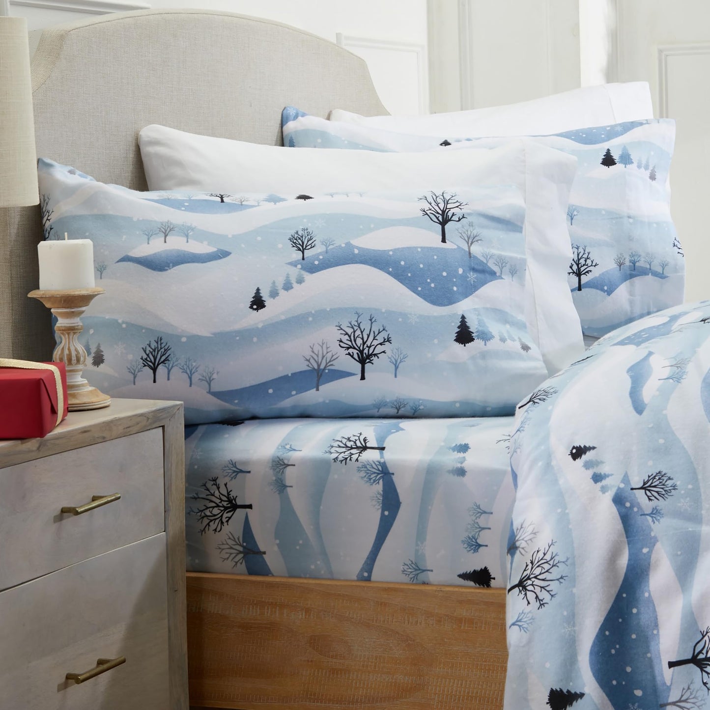 Market & Place 100% Cotton Full Flannel Sheet Set | 4 Piece Deep Pocket Novelty Cozy Winter Bed Sheets | Double Brushed for Extra Softness & Comfort | Alpine Collection (Full, Winter Landscape)