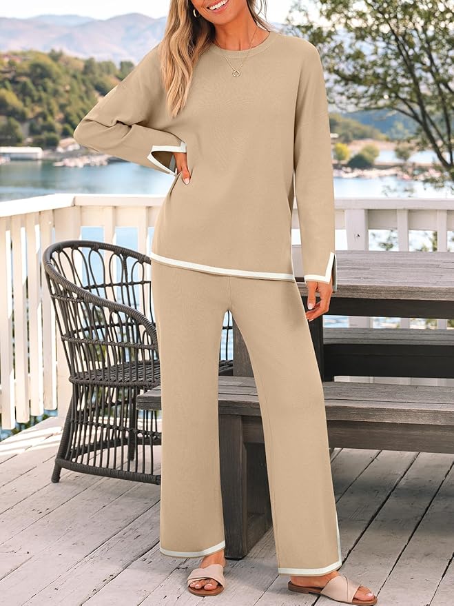 LILLUSORY Women Fall 2 Piece Lounge Set Outfits Sweatsuits Long Sleeve Sweater Tops Wide Leg Pants