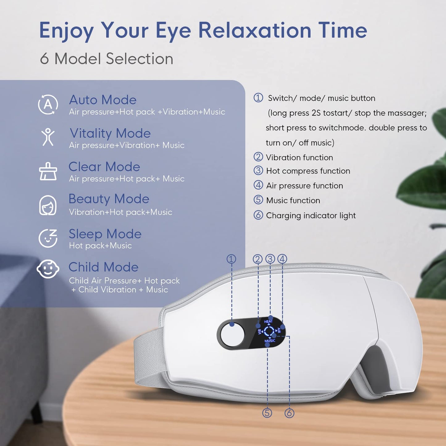 NOWWISH Eye Massager with Heat, Vibration and Bluetooth Music for Migraine Headache Relief, Cordless Heated Eye Mask with 6 Massage Modes, Relaxation -Birthday Gifts for Women Men -White