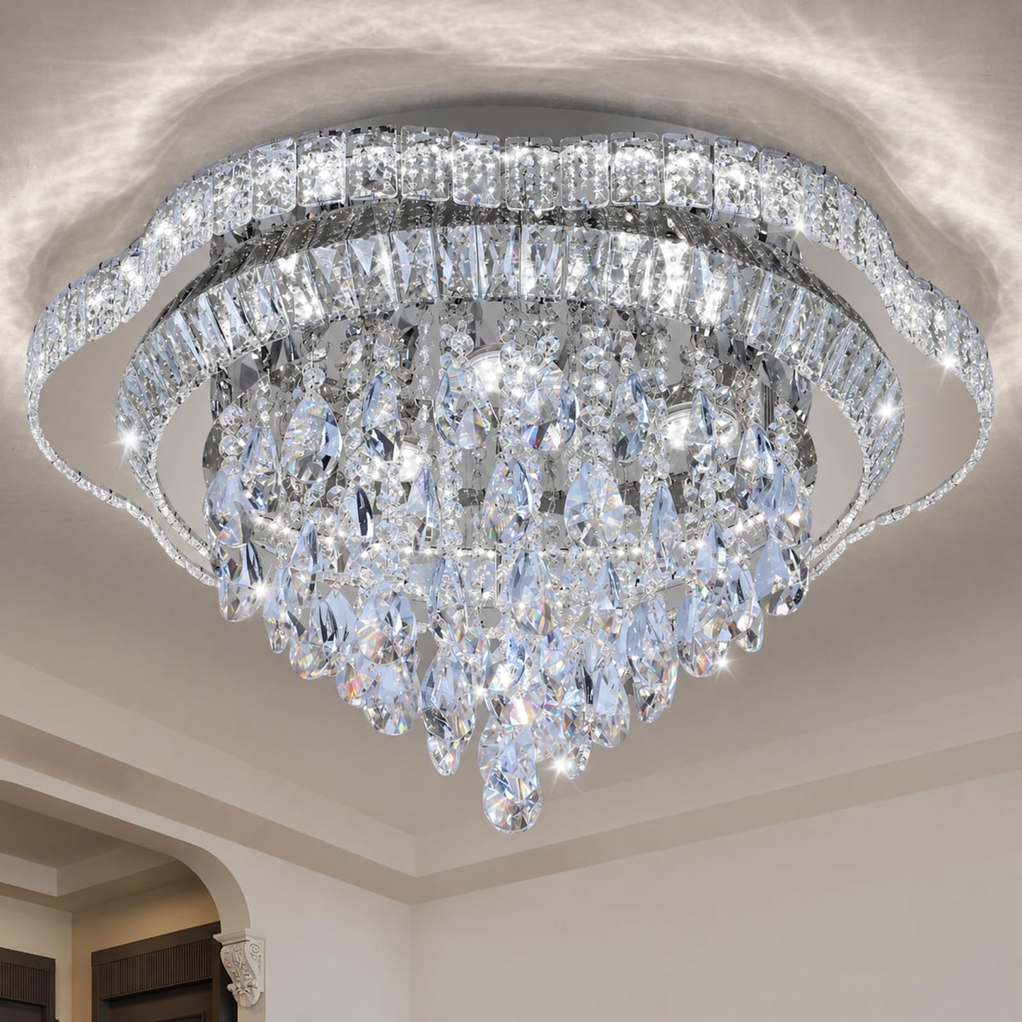 OSGNER 24" Sliver Crystal LED Ceiling Light Fixture with Remote Control,Flush Mount Chandelier with 3-Color Dimmable for Living Room Bedroom Dining Room Hallway - Modern Flower Design