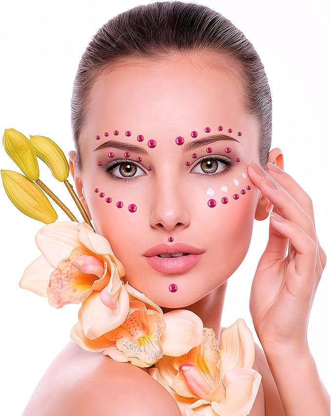591pcs Face Gems Hair Gems Pearls, Self-Adhesive Face Jewels Eye Rhinestones 3/4/5/6/8 mm Face Gem Stick on, Halloween Makeup Gems Rave Accessories for Face Eyes Body Makeup (01.Rose red)