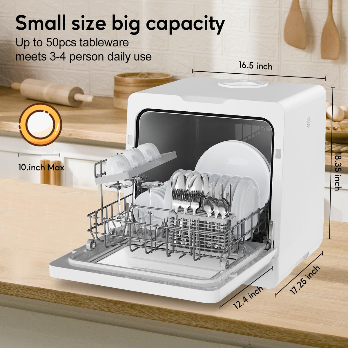 SEAGTOM Countertop Mini Portable Dishwasher Tabletop Small Dishwasher with 5L Built-in Water Tank No HookupNeeded, Baby Care & Air-Drying Function，3 Place Set Capacity for Apartments Dorms Camping RVs