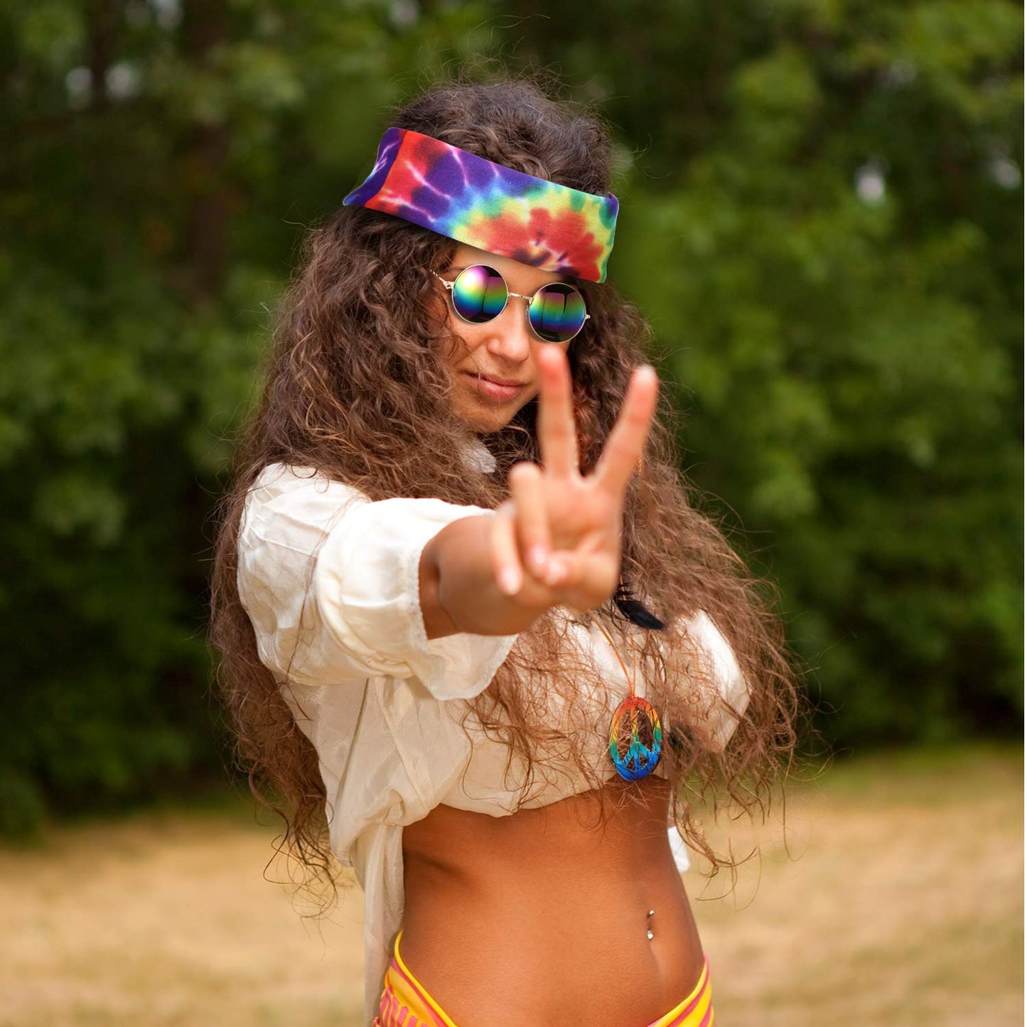 Frienda 3 Pcs Hippie Accessories Costume 70s Tie Dye Rainbow Leopard Outfits, Hippie Headbands for Men Peace Sign Necklace Sunglasses, Rainbow Style