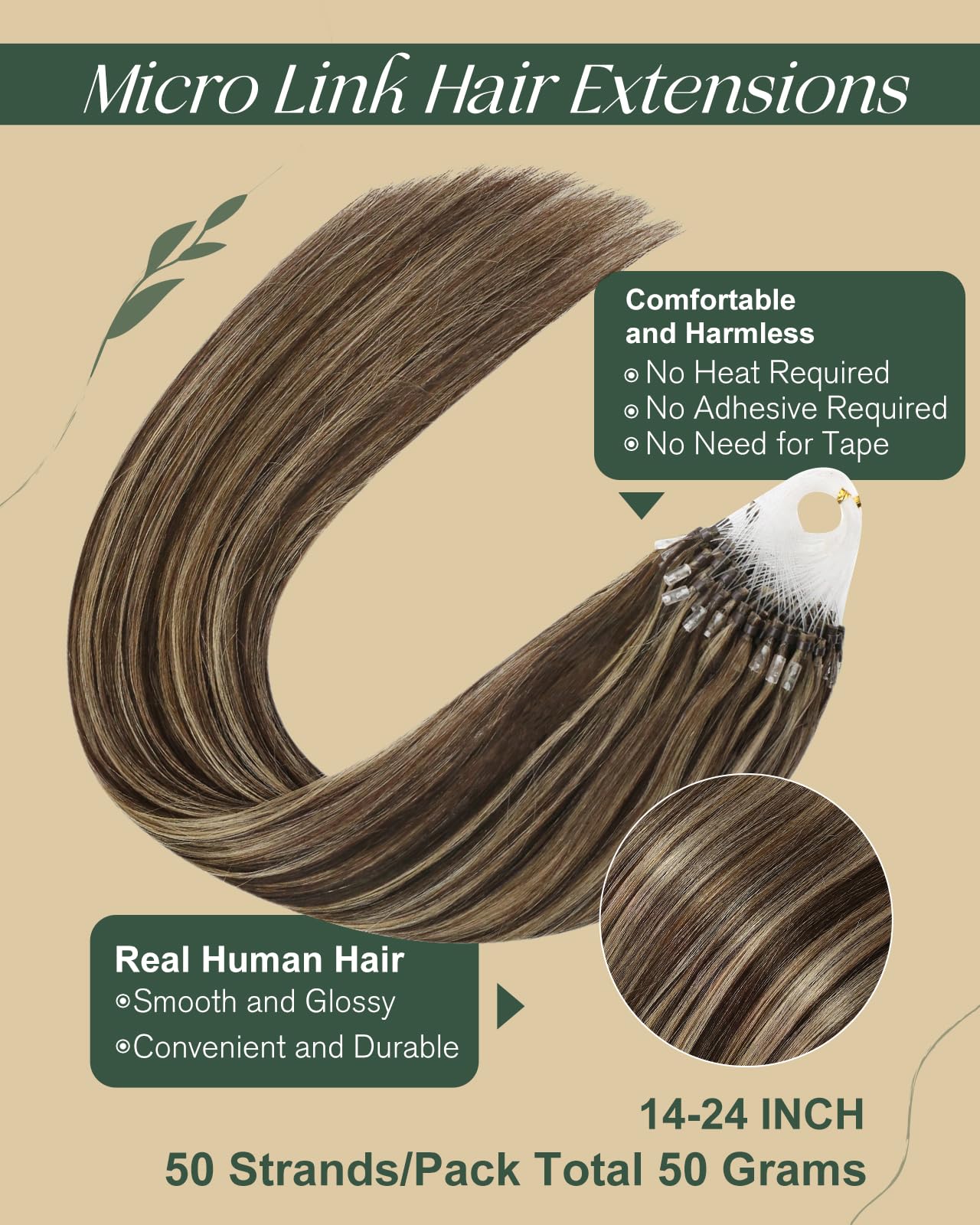 Ugeat Microlink Real Hair Extensions Highlight Long Straight Dark Brown Highlight Caramel Brown Micro Bead Human Hair Extensions