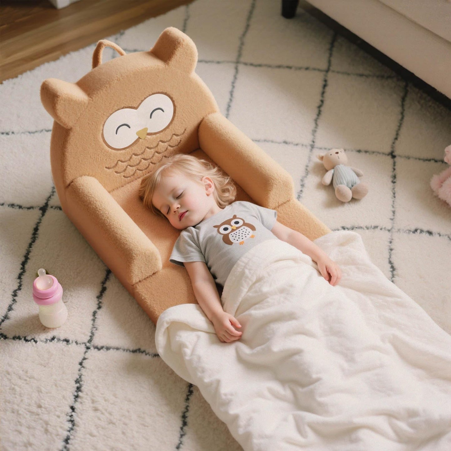 Tivellary Toddler Couch, 3-Fold Convertible Kids Couch with Cute Owl Design, Fold Out Toddler Chair for 1-3 Years Old, Soft Baby Sofa Bed for Playroom, Washable Cover