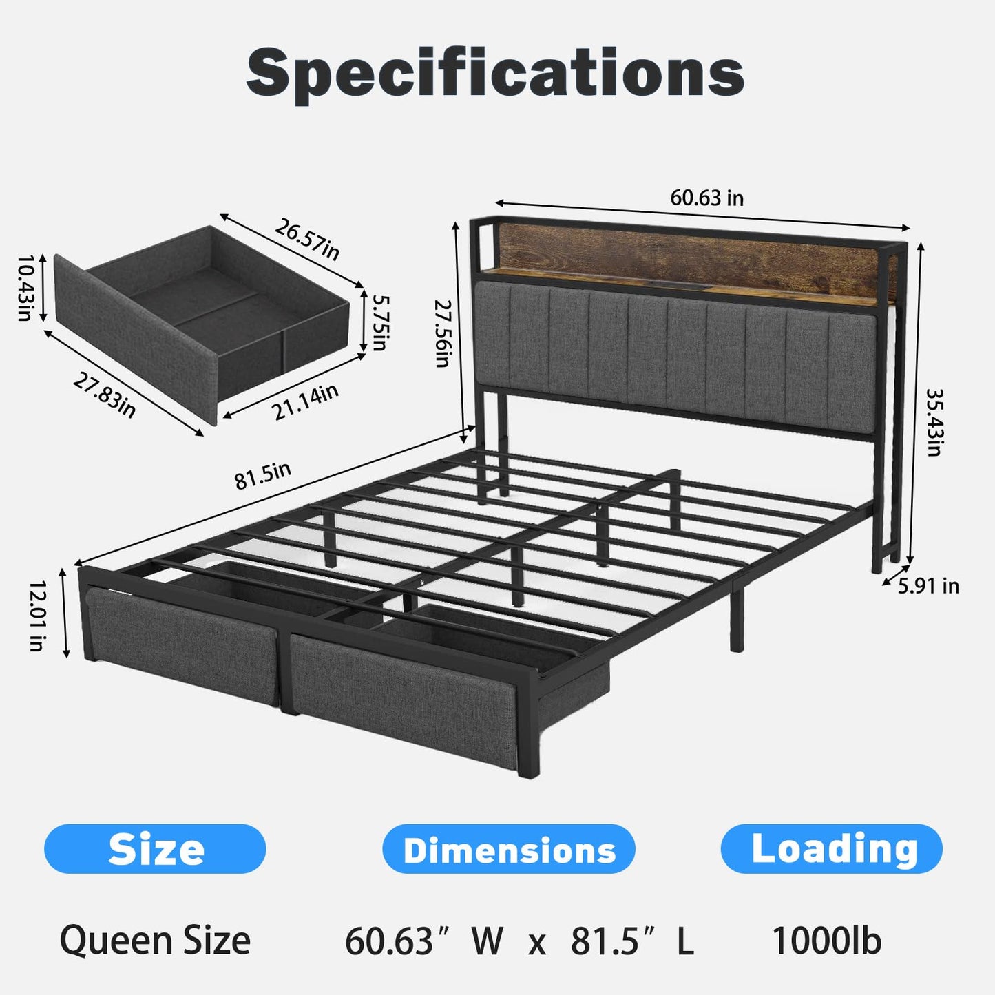 Queen Size Bed Frame with Socket and Storage Bed Frame with LED Light, Heavy Duty Metal Slats Support, No Box Spring Needed