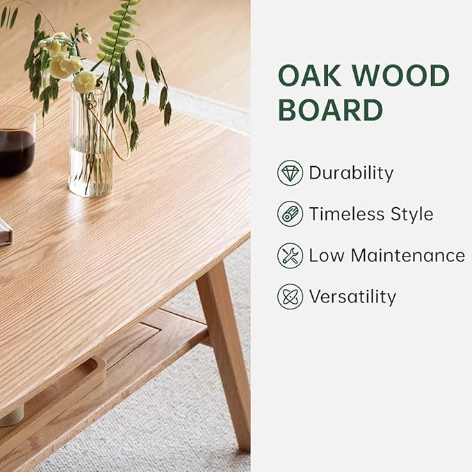 Wayshome 100% Solid Oak Wood Coffee Table for Living Room, Small Table with Shelf Storage, Mid Century Modern Coffee Tables with Rounded Corners for Home (Natural, 31.49" x 19.68" x 17.32")