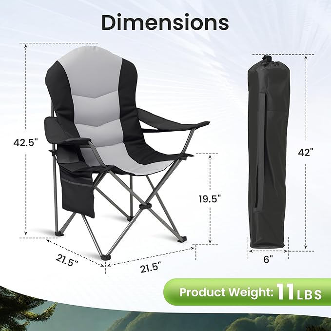 Foristrail 2 Pack Folding Camping Chairs for Adults - High Back Padded Outdoor Lawn Chairs with Lumbar Support & Cup Holder, 400lbs Heavy Duty Portable Camping Chairs Set (Light Black & Gray, 2 PCS)