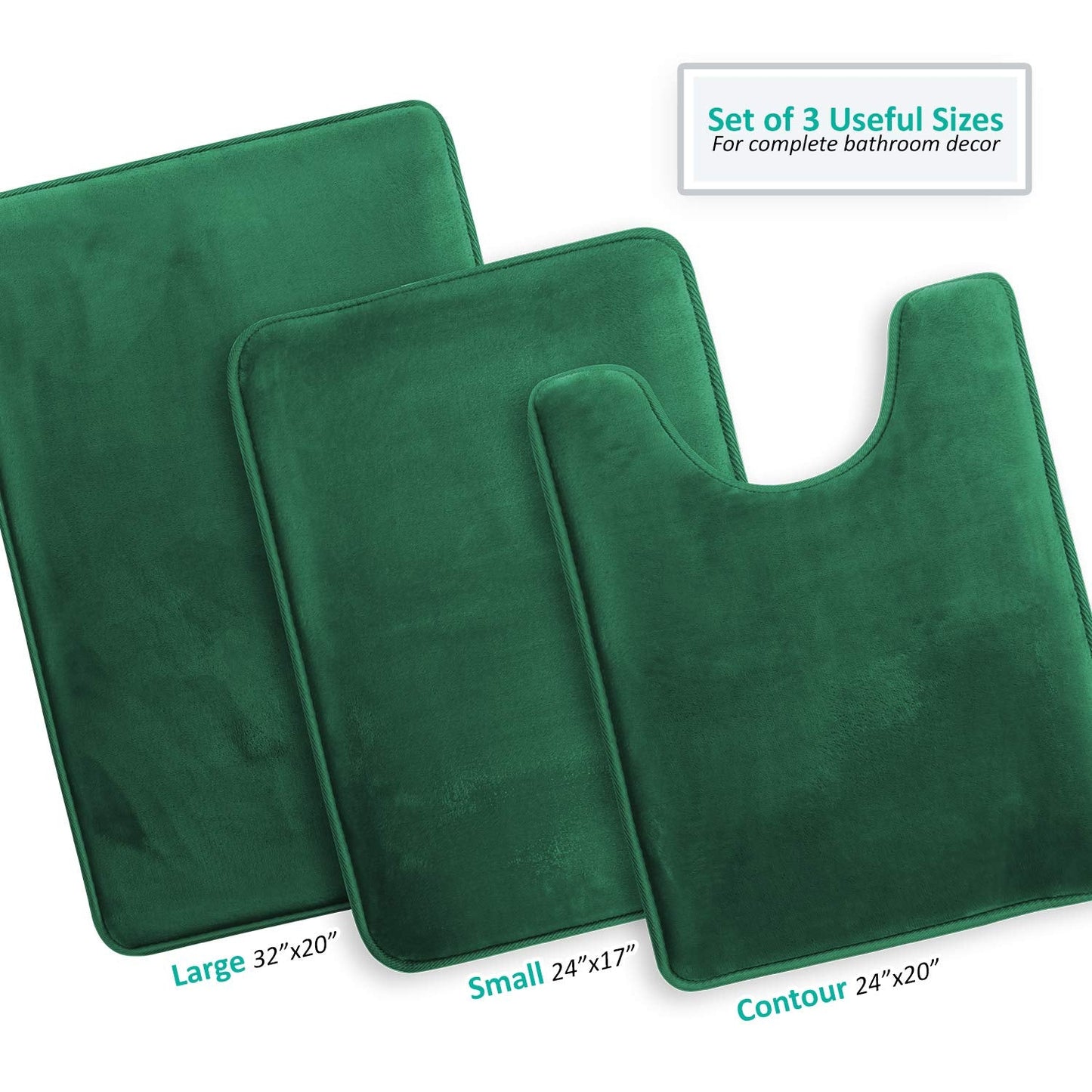 Clara Clark 3 Piece Bathroom Rugs Bath Mat Set, Velvet Memory Foam Bath Mats for Bathroom - Non-Slip, PVC Backing Bath Rugs, Washable - Dries Quickly, Green