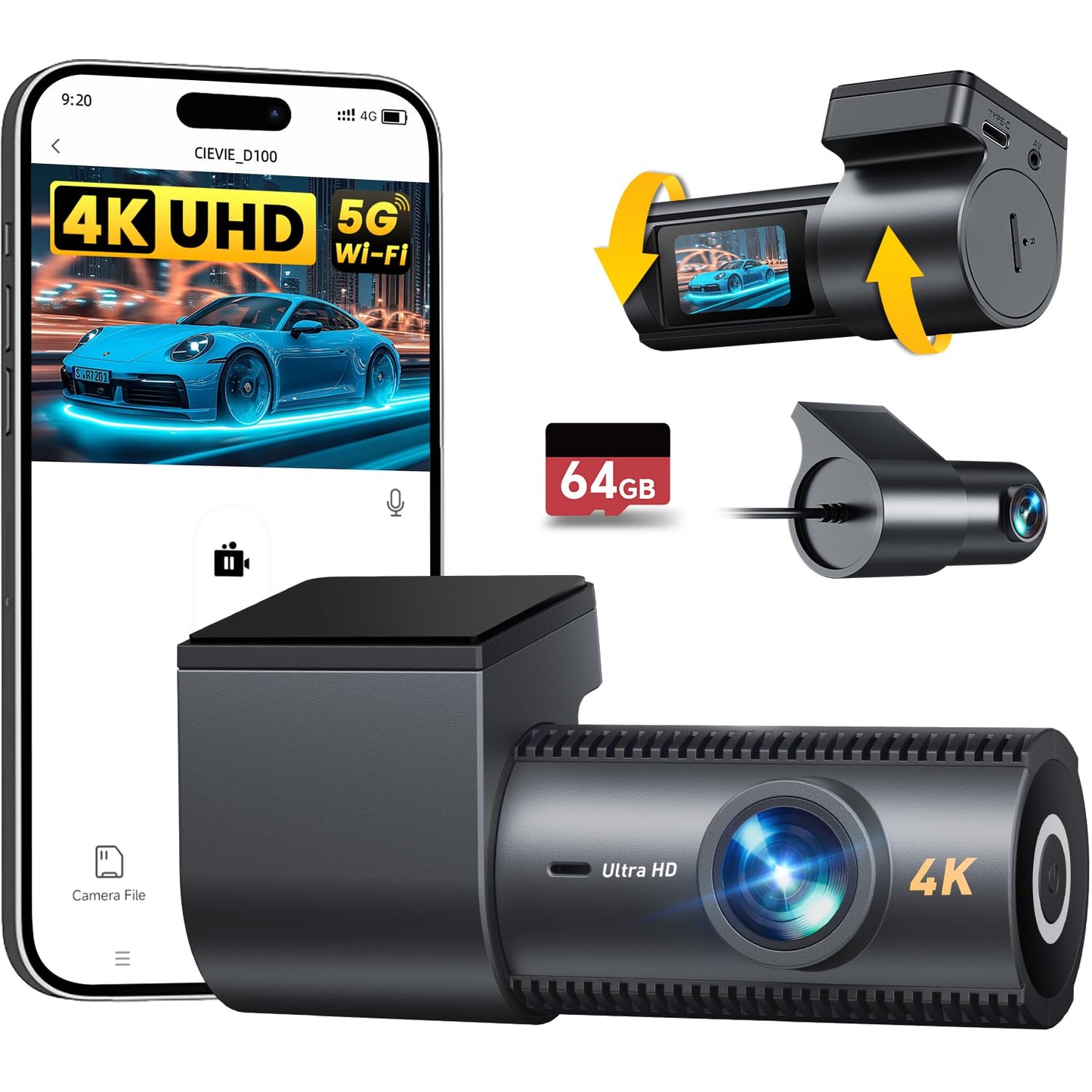 4K Dash Cam Front and Rear, 64GB SD Card, 1.5    IPS Display Car Camera, 5Ghz WiFi+App Control, Night Vision, 24H Parking Mode,