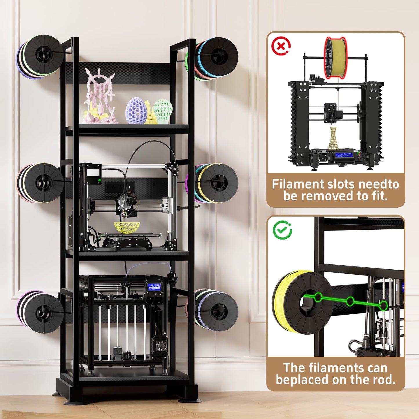 MILEFA 3DPrinter Stand with Filament Storage,3D Printer Rack with Power Outlet,Heavy-Duty 3D Print Storage Shelf for ABS/PLA/TPU Filament Spools,Perfect for 3D Printing Workshops,Carbon Fiber Black