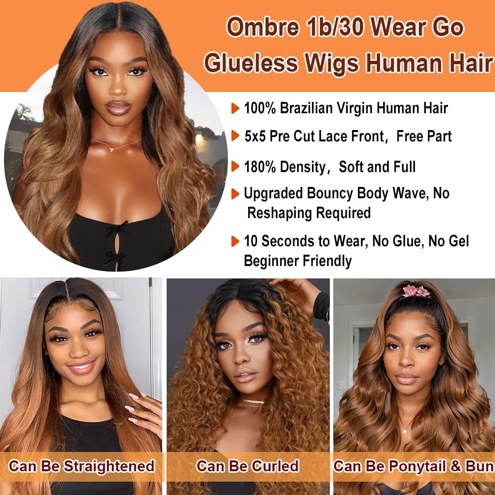 1B/30 Lace Front Wigs Human Hair Highlight Ombre 5x5 Pre Cut Lace Front Wigs Human Hair Dark Root to Brown 5x5 HD Lace Closure W