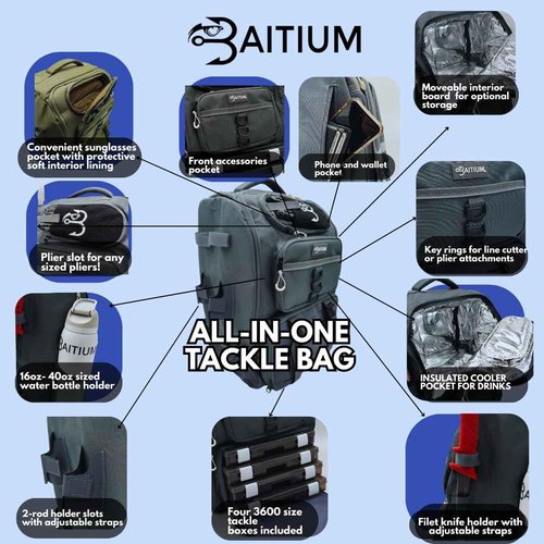 Baitium Fishing Backpack, Tackle Bag With Rod Holders, 40L Capacity With Cooler, Rain Cover, Insulated Pocket, 4 Tackle Trays Included- (Green)