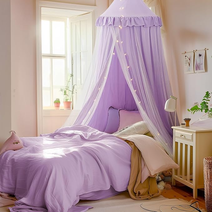 Bed Canopy with Star Lights, Double Layer Canopy for Bed, Princess Play Tent for Girls Room, Breathable Canopy Bed Curtain...