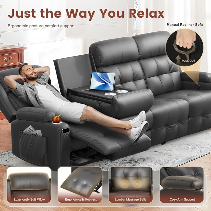 Aotolo Recliner Sofa, Massage Reclining Sofa 4 Seater Sets Heavy Weight Capacity, RV Loveseat Couch Clearance with Flip Back Console, Storage, Cup Holders, Wall Hugger Reclining Couch for Living Room