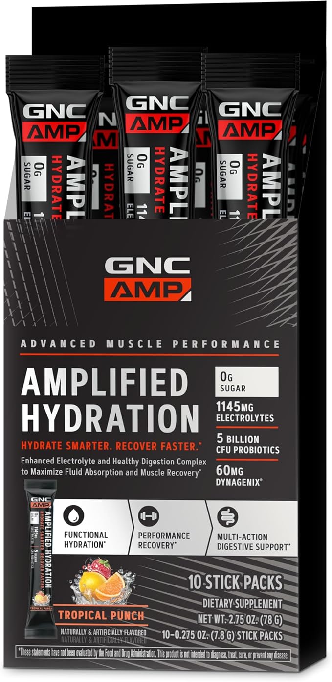 GNC AMP Amplified Hydration Electrolyte Powder Drink Mix | Enhanced Electrolyte & Healthy Digestion Complex | Tropical Pun...