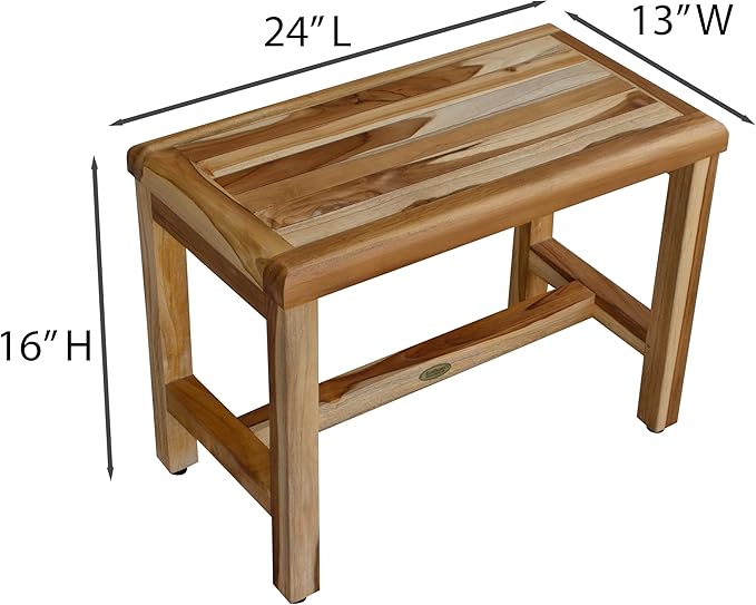 EcoDecors Eleganto 16 Inch Height Natural Color Waterproof Teak Wood Shower Bench Stool Seat Chair for Inside Shower Provides Safety, Storage, and Organization for Bathroom Accessories