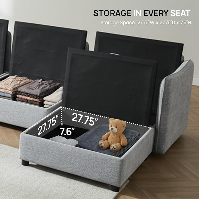 FIRLZY Modular Sectional 4 Seater Sofa with Removable Covers and Storage, Convertible L-Shaped and Sleeper Sectional, Modern Upholstered Couch with Removable Ottoman for Living Room, Gray