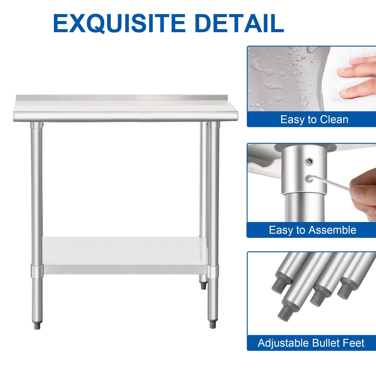 HARDURA Stainless Steel Commercial Work Table Prep Work Metal Table 14×30 Inches with Undershelf and 2" Backsplash Heavy Duty NSF 430 for Kitchen Food Prep