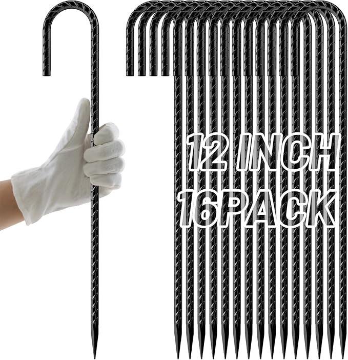 AAGUT Rebar Stakes 12 Inch 16 Pack, J Hook Premium Black Coated Ground Garden Anchors Heavy Duty, Superior Rust Resistance Chain Link Fence Stakes for Camping Tent, Inflatables, Lawn Decor