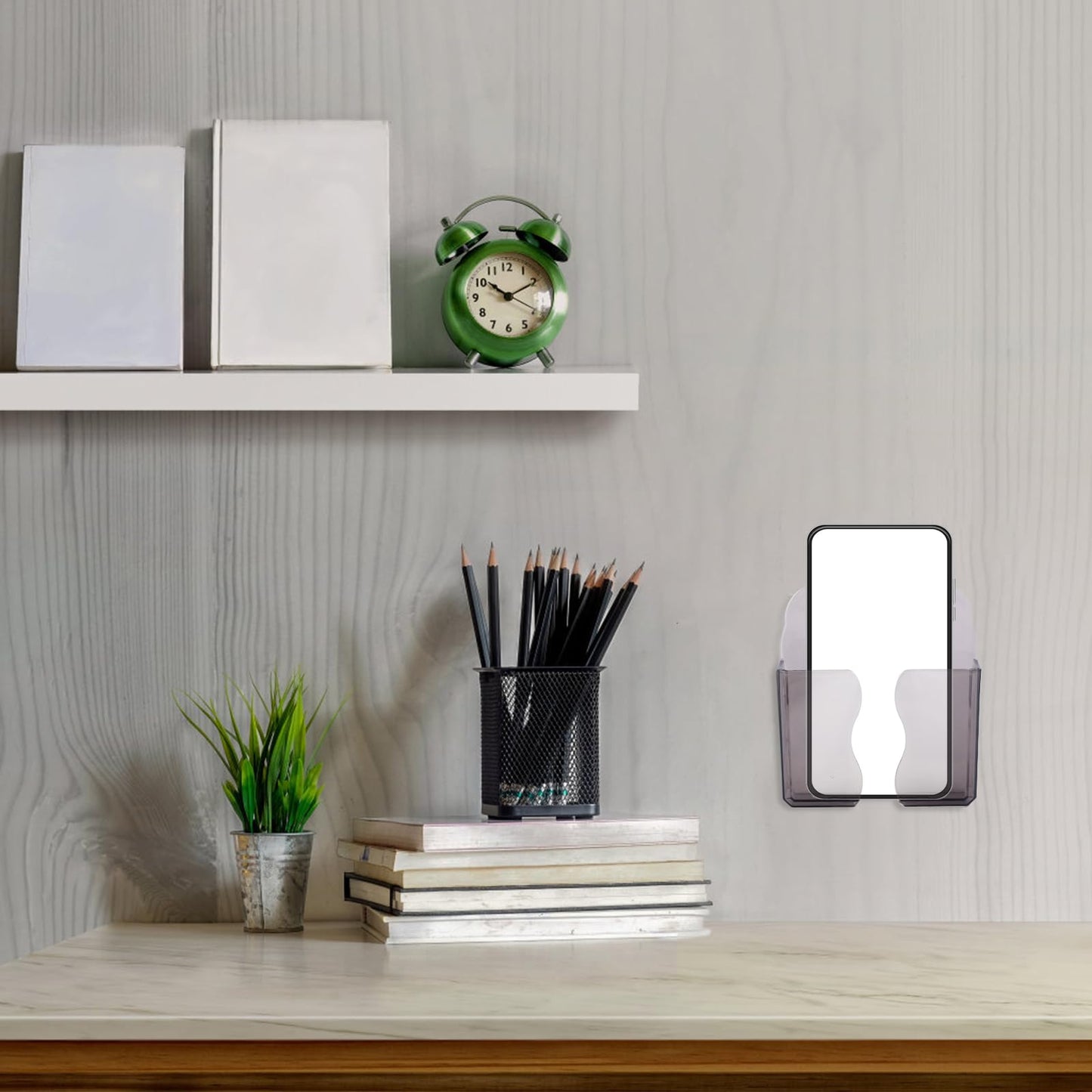 2Pcs Wall Mount Phone Holders, Clear Plastic Self Adhesive With Charging Hole Shelf Stand, Bedside Smartphone Stand Cradle, Cell