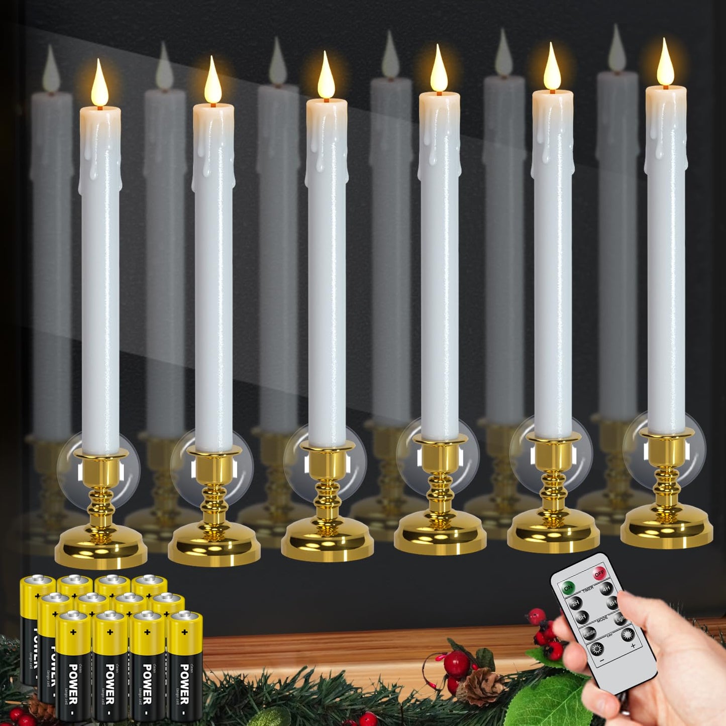 DRomance Christmas Flameless Window Taper Candles Battery Operated with Remote and Timer, 6 Pack White Plastic Dripping LED Flickering Candles with Suction Cups Holiday Indoor Decor(Gold Holders)