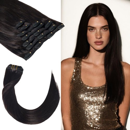 LuxeTress Clip in Hair Extensions Real Human Hair 16 Inch 120g 7Pcs Remy Extensions Double Weft Straight Hair Extensions for Add Volume (16in, 120g, #1B)