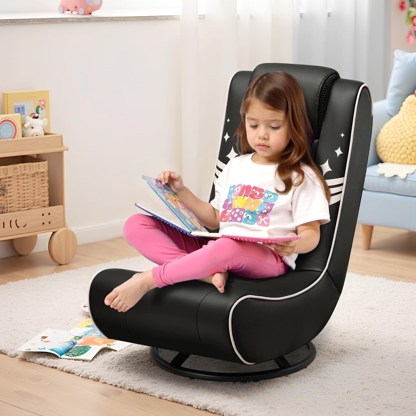GTPLAYER Floor Gaming Chair Foldable Swivel Floor Chairs for Kids Boys Comfy Video Game Seat with 360° Multipurpose for Gamers, Bedroom or Game Room (Gold)